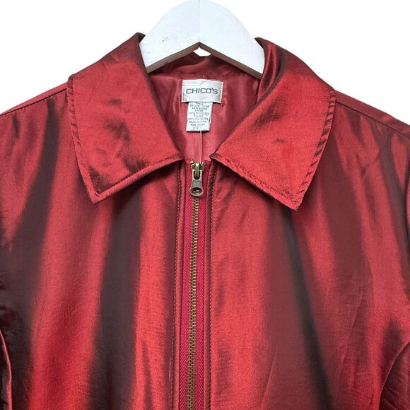 CHICOS Red Satin Shimmer Jacket Size Medium (Chicos 1) Zip Front Evening Holiday - Picture 5 of 9